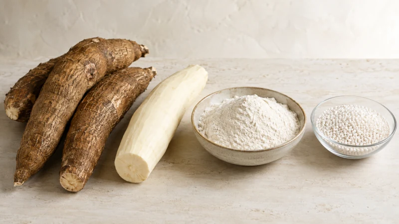 Cassava root shown with cassava flour and tapioca pearls made from the plant