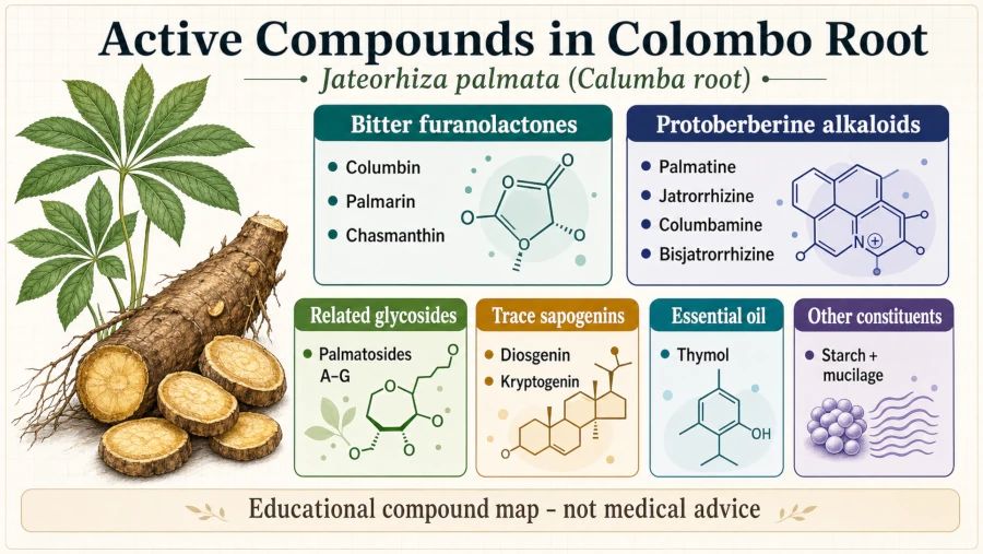 Illustration of active compounds found in colombo root.