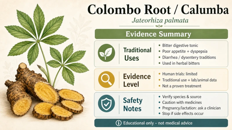 Evidence summary for colombo root traditional uses and safety.