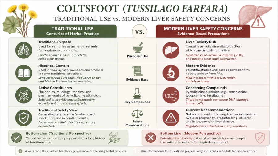 Chart comparing traditional coltsfoot use with modern liver safety concerns.