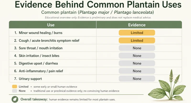 Chart rating the evidence behind common plantain uses from limited to none.
