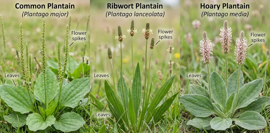 Leaves and flower spikes of common, ribwort, and hoary plantain shown side by side for identification.