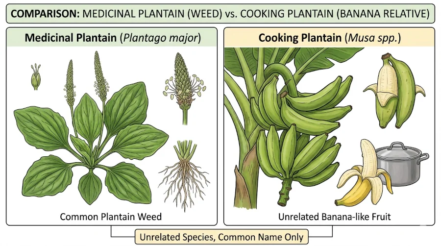 Comparison showing the medicinal plantain weed beside the unrelated banana-like cooking plantain.