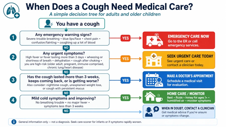 Decision tree showing when cough symptoms need medical care.