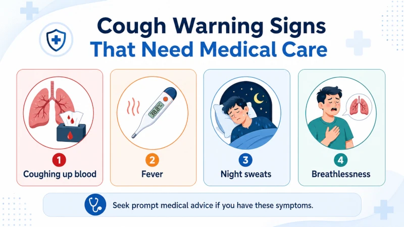 Cough warning signs that need medical care, including blood, fever, night sweats, and breathlessness.