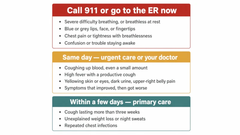 Three-tier triage card showing which breathing and cough symptoms need 911, which need same-day care, and which need a primary care appointment.