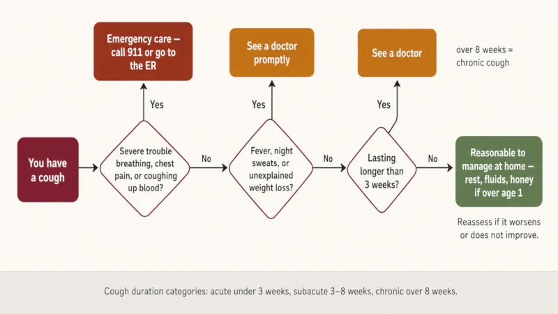 Decision chart showing when a cough can be self-treated and when to seek urgent or emergency care based on duration and warning signs