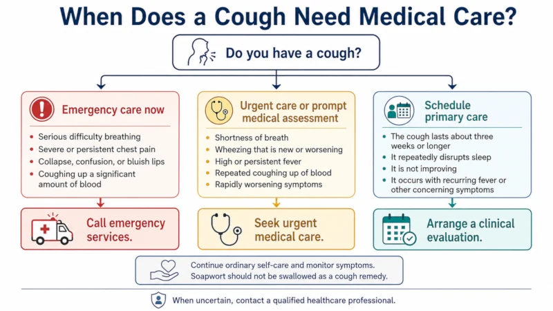 Decision tree for when a cough needs primary care, urgent care, or emergency care.