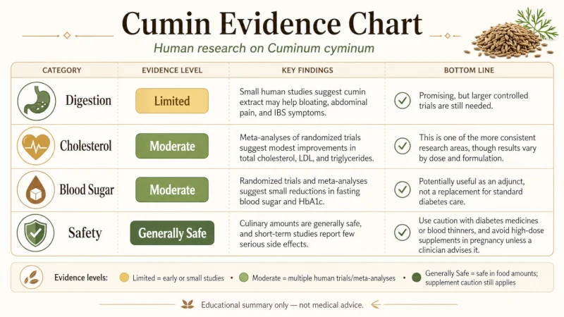 Evidence chart for cumin digestion, cholesterol, blood sugar, and safety