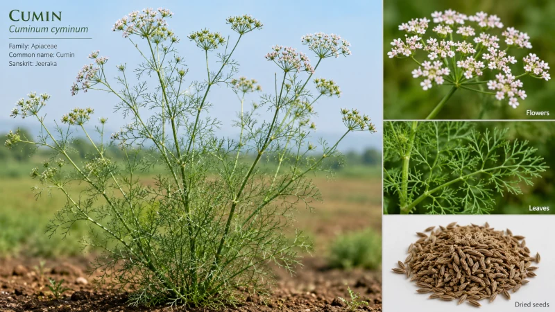 Cumin plant with fine leaves, flowers, and dried seeds