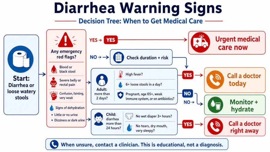 Decision tree showing diarrhea warning signs that need medical care.