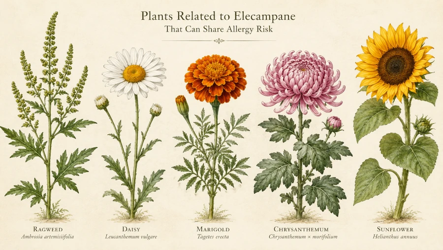 Plants related to elecampane that share allergy risk: ragweed, daisy, marigold, chrysanthemum, sunflower.