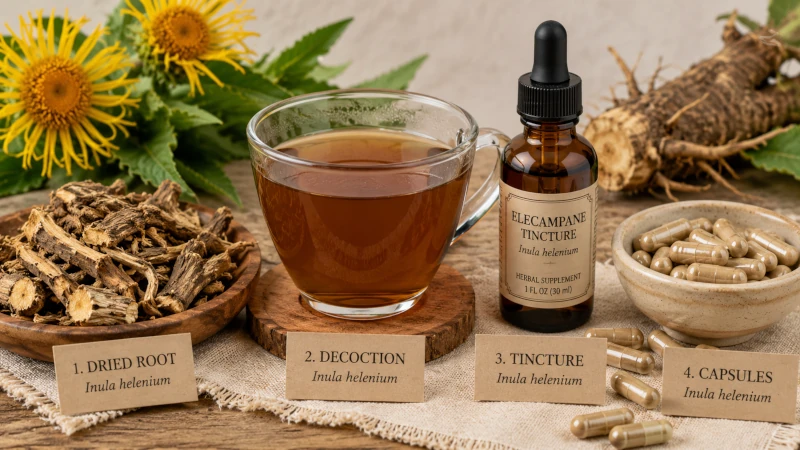 Common elecampane preparations: dried root, decoction, tincture, and capsules.