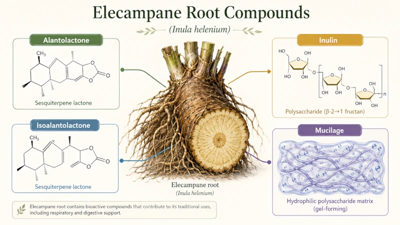Diagram of elecampane root compounds: alantolactone, isoalantolactone, inulin, and mucilage.