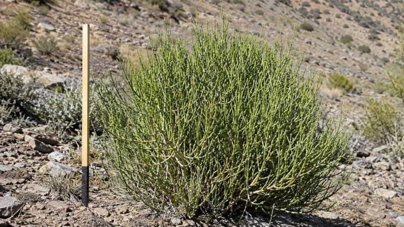 Ephedra viridis Mormon tea shrub with bright green jointed stems growing on a dry rocky desert slope