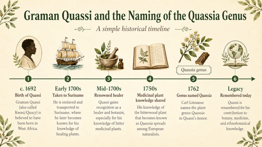 Simple timeline of Graman Quassi and the naming of the Quassia genus.