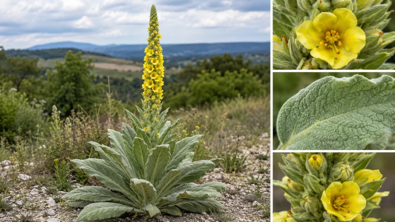 Great mullein plant with tall yellow flowering spike and velvety leaves