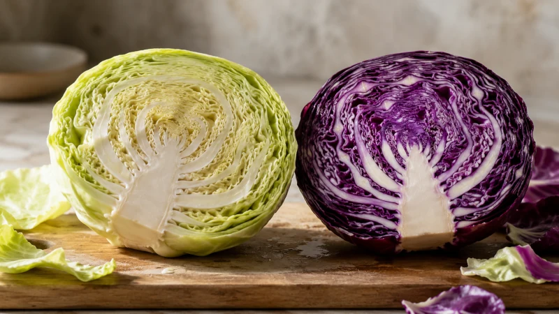Halved green cabbage and red cabbage side by side showing their tightly layered internal leaves