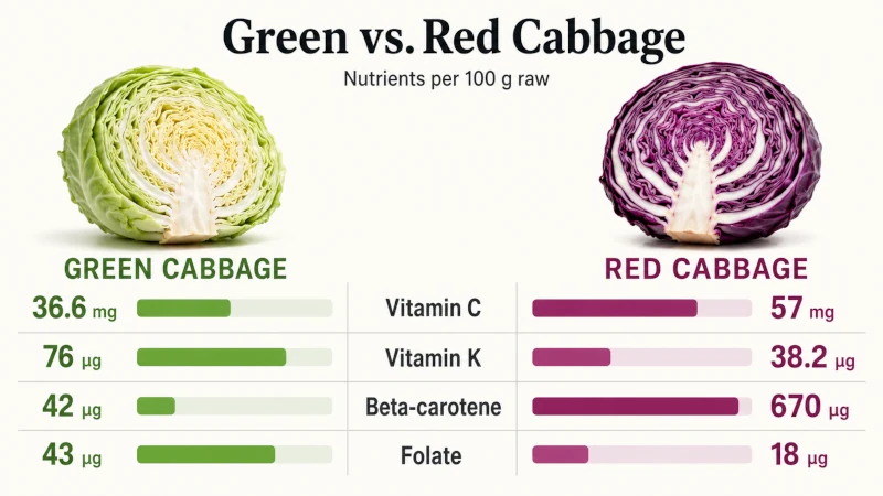 Infographic comparing vitamin C, vitamin K, beta-carotene and folate in green and red cabbage plant per 100 grams