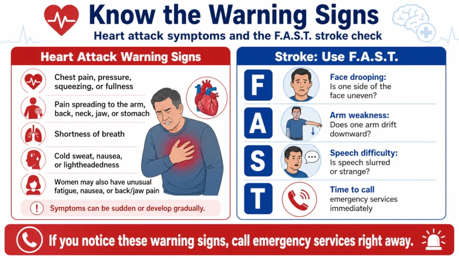 Warning-signs card showing heart attack symptoms and the F.A.S.T. stroke check.