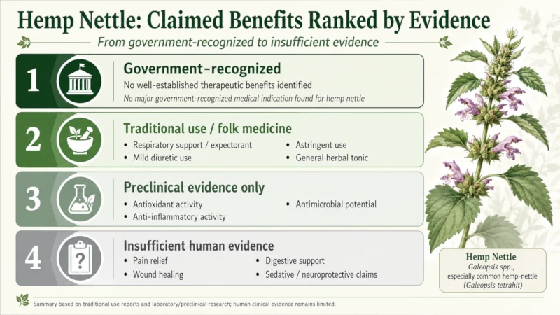 Chart ranking hemp nettle's claimed benefits from government-recognized to insufficient evidence