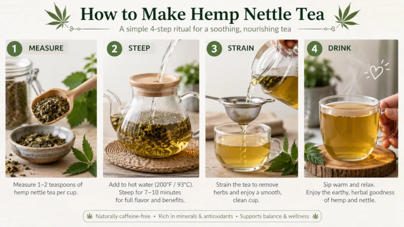Four-step illustration of measuring, steeping, straining, and drinking hemp nettle tea