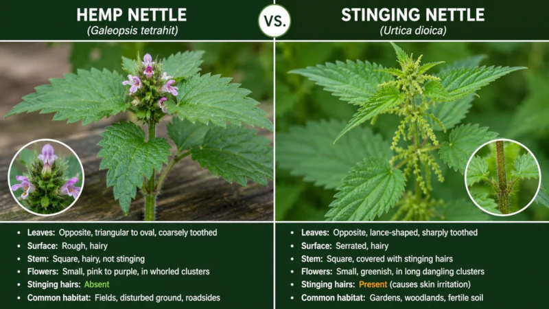 Side-by-side comparison of hemp nettle and stinging nettle leaves and flowers