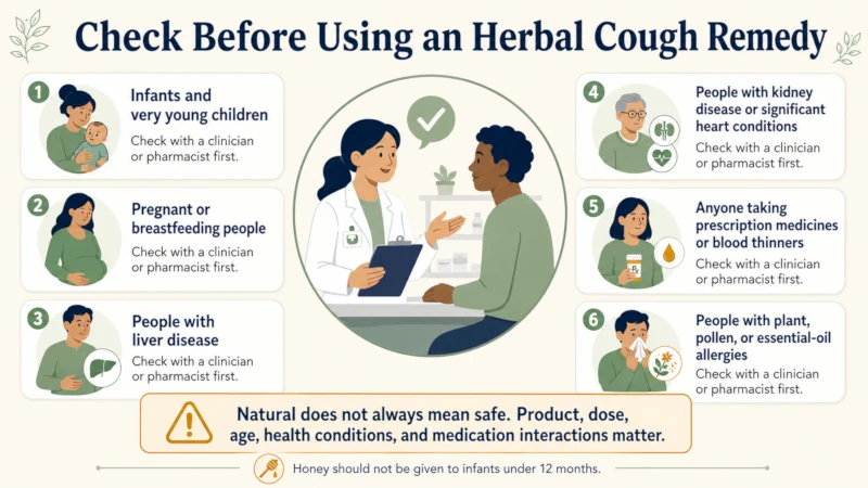 Summary graphic listing groups who should avoid herbal lung remedies, including infants, pregnancy, and liver disease.