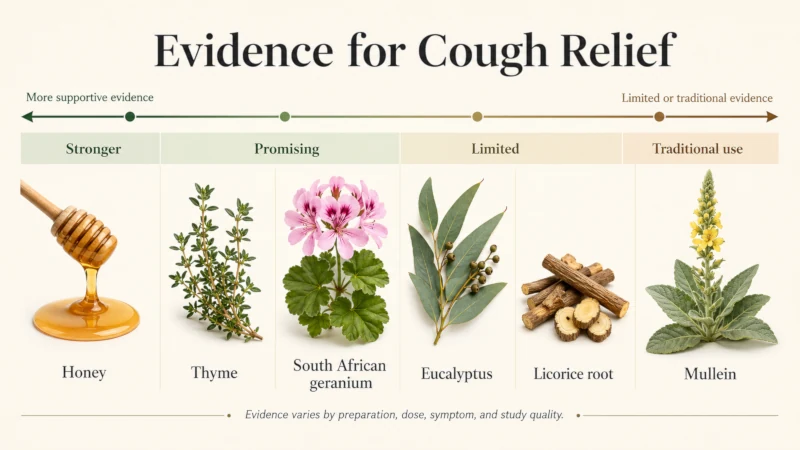 Chart ranking herbs for the lungs such as honey, thyme, South African geranium, mullein, licorice, and eucalyptus by strength of evidence for cough relief.