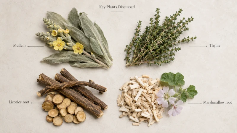 Labeled flat lay of dried mullein leaves and flowers, thyme sprigs, licorice root, and marshmallow root.