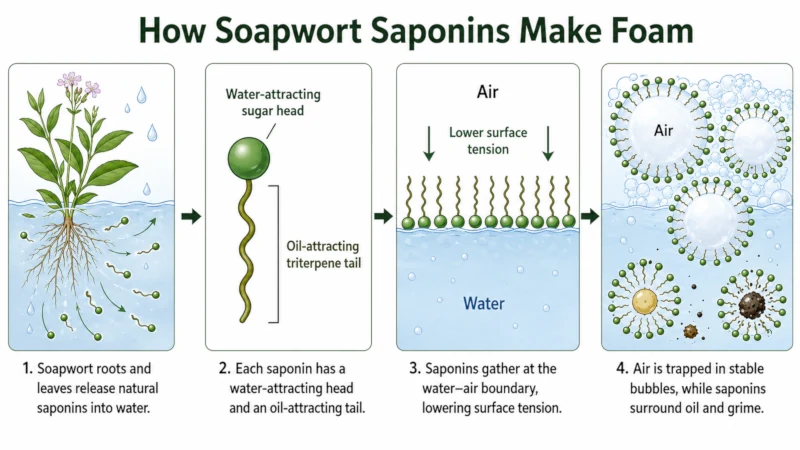 Diagram showing how soapwort saponins lower surface tension in water to create foam.