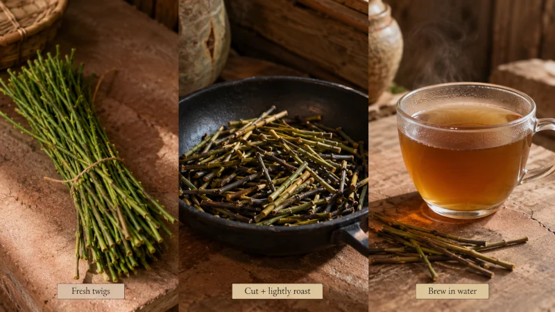 Three-step sequence showing Mormon tea twigs, lightly roasted Ephedra stems and a finished amber herbal infusion