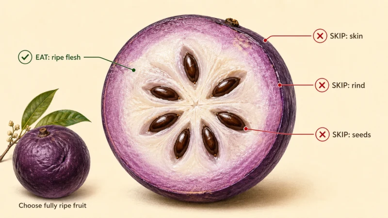 Cutaway guide showing the edible ripe flesh of caimito and the skin, rind, and seeds that should not be eaten.