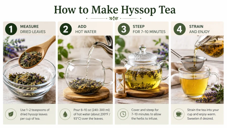 Four-step illustration of making hyssop tea: measure dried leaves, add hot water, steep, strain