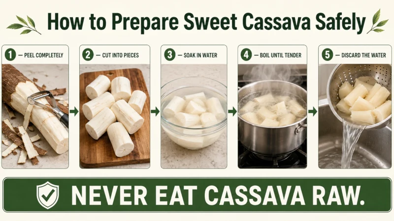 Five steps for safely preparing sweet cassava: peel, cut, soak, boil until tender, and discard cooking water