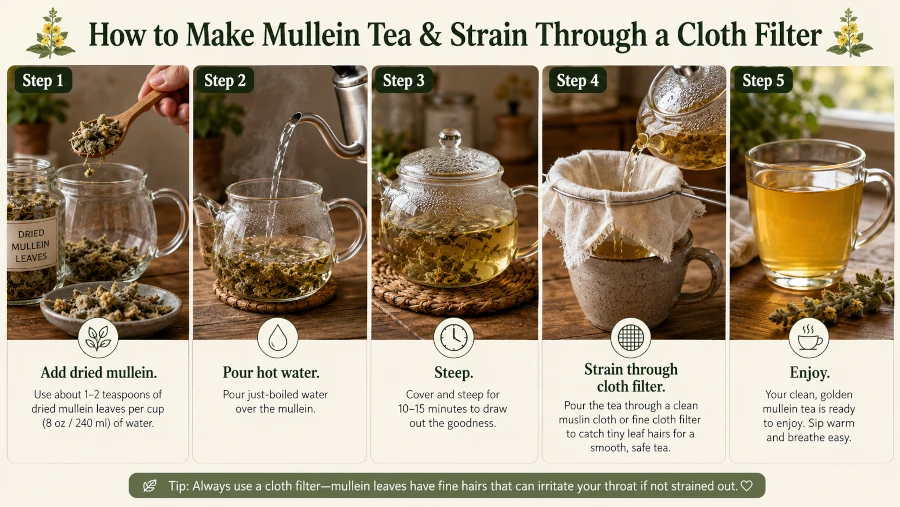 Step-by-step images of steeping and straining mullein tea through a cloth filter
