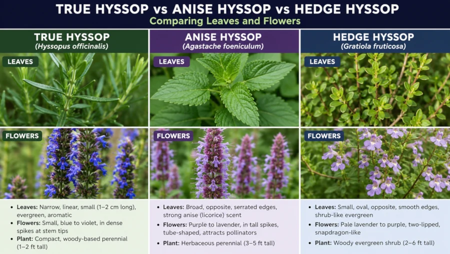 Side-by-side comparison of true hyssop, anise hyssop and hedge hyssop showing leaf and flower differences