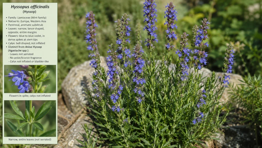 Flowering hyssop plant with narrow green leaves and purple-blue flower spikes