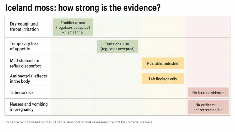 Chart grading Iceland moss uses: traditional-use support for dry cough and appetite, lab-only evidence for antibacterial effects, and no evidence for tuberculosis or pregnancy nausea.
