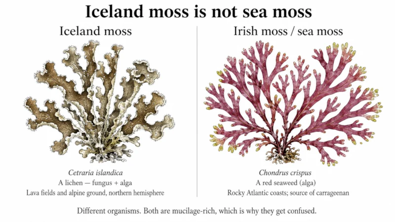 Side-by-side comparison of Iceland moss, a branched brown lichen, and Irish moss, a fan-shaped red seaweed, with their scientific names and habitats.
