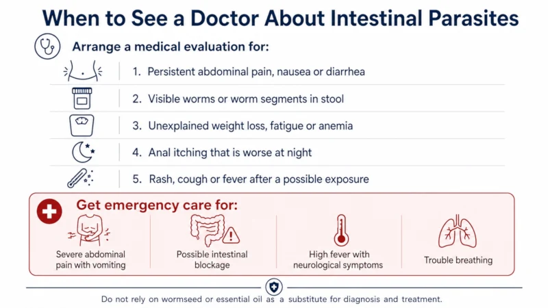 Red-flag symptoms of intestinal parasites that require medical evaluation.
