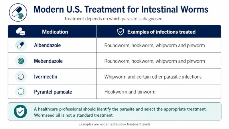 Table of standard US treatments for intestinal worms: albendazole, mebendazole, ivermectin, and pyrantel pamoate.
