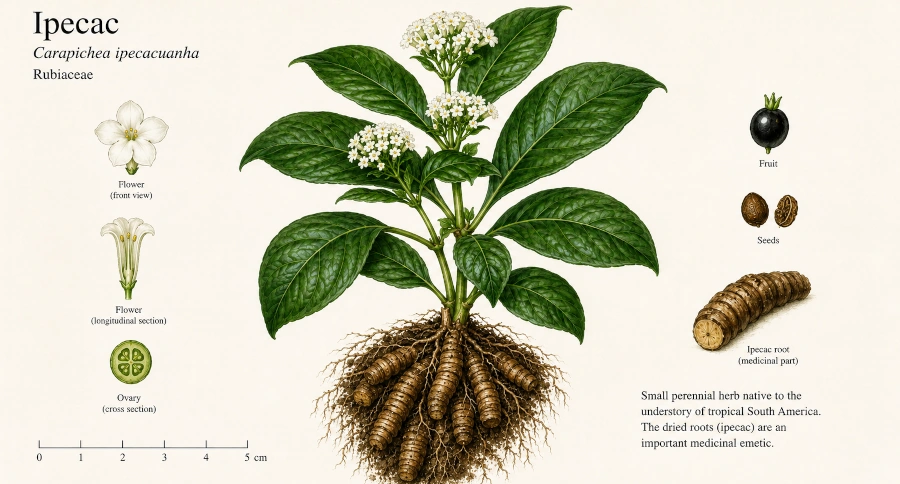 Ipecac plant (Carapichea ipecacuanha) showing leaves, white flowers, and the ringed root used medicinally.