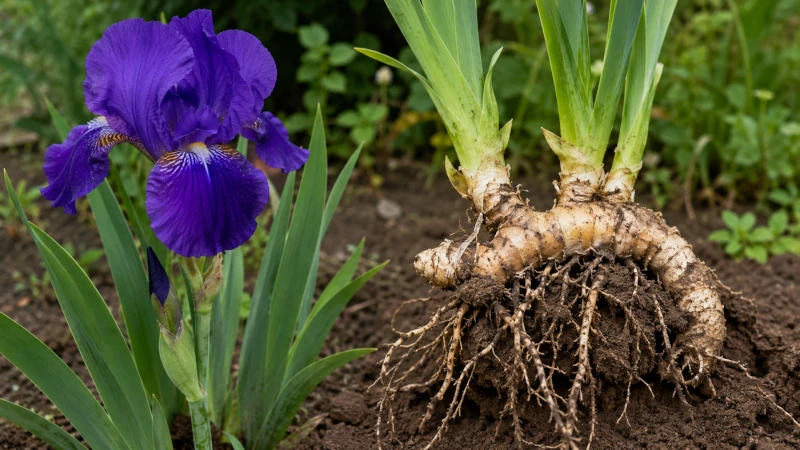 Purple Iris plant germanica flower beside its thick underground rhizome.
