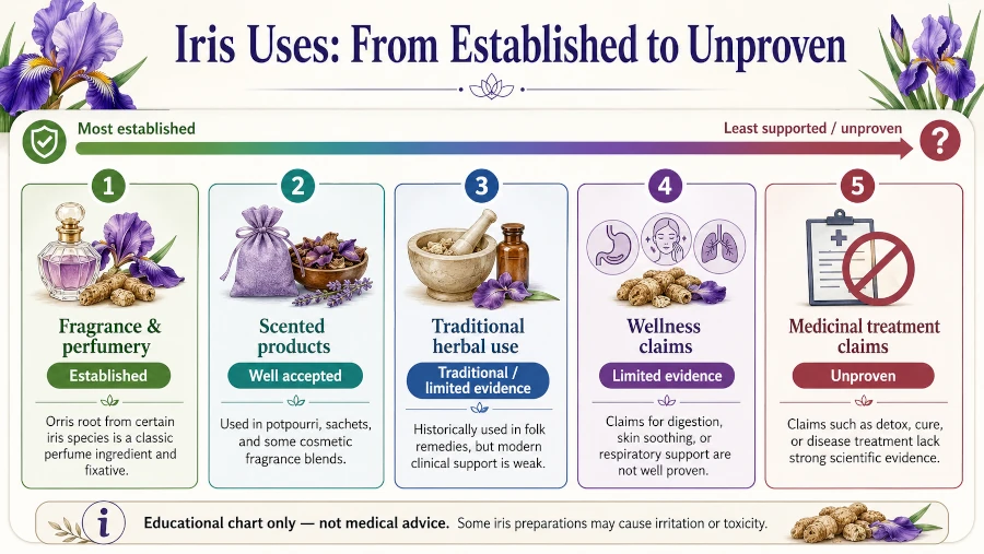 Chart rating iris uses from established fragrance use to unproven medicinal claims.