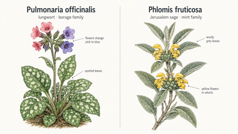Side-by-side botanical comparison of Pulmonaria officinalis (jerusalem sage) with spotted leaves and pink-violet flowers next to Phlomis fruticosa with grey woolly leaves and yellow whorled flowers.