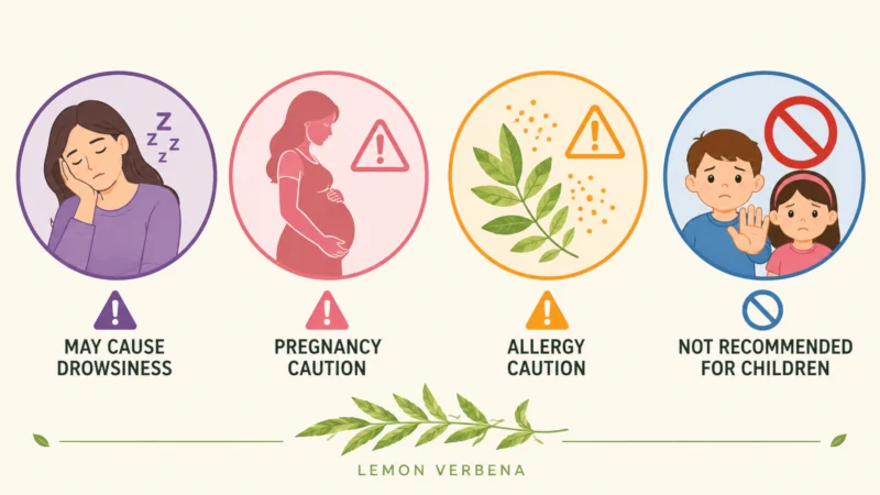Icons showing drowsiness, pregnancy caution, allergy caution, and children not recommended for lemon verbena.