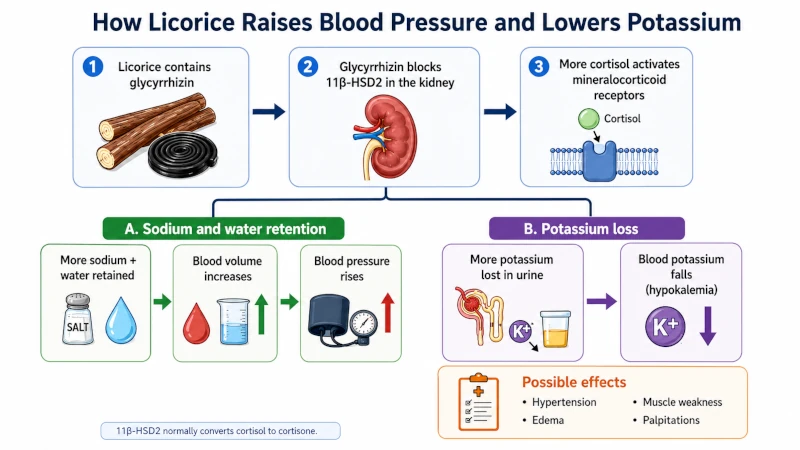 Diagram showing how glycyrrhizin in licorice raises blood pressure and lowers potassium.