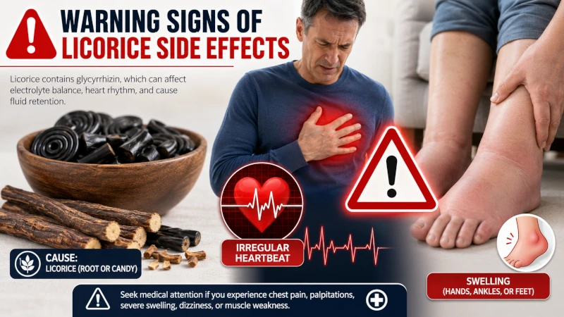 Warning signs of licorice side effects such as irregular heartbeat and swelling.