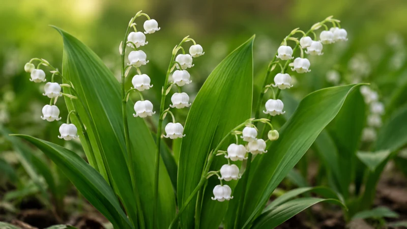 White bell-shaped lily of the valley flowers with paired green leaves